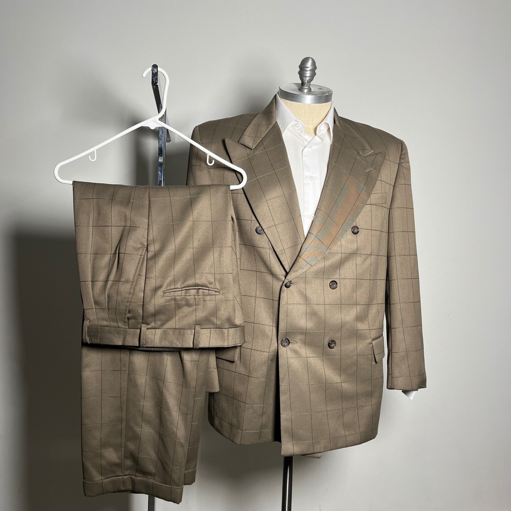 Falcone Suit Mens 46R 36W Brown Windowpane Double Breasted Peak Lapel Vintage